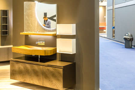 BOLOGNA (ITALY), SEPTEMBER 28, 2018: light is enlightening luxurios sanitary ware at CERSAIE, international exhibition of ceramic tile and bathroom furnishingsのeditorial素材