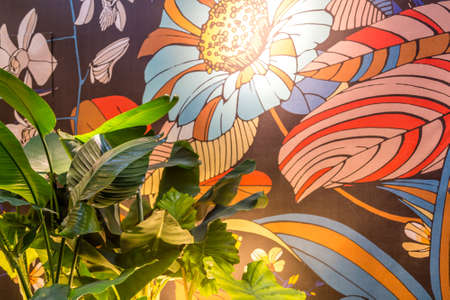 BOLOGNA (ITALY), SEPTEMBER 28, 2018: light is enlightening artistic wallpaper at CERSAIE, international exhibition of ceramic tile and bathroom furnishingsのeditorial素材