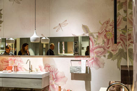 BOLOGNA (ITALY), SEPTEMBER 28, 2018: people are looking at luxurious sanitary ware at CERSAIE, international exhibition of ceramic tile and bathroom furnishingsのeditorial素材