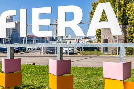 BOLOGNA (ITALY), SEPTEMBER 28, 2018: light is enlightening FIERA sign at CERSAIE, international exhibition of ceramic tile and bathroom furnishingsのeditorial素材