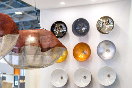 BOLOGNA (ITALY), SEPTEMBER 28, 2018: light is enlightening design washbasins at CERSAIE, international exhibition of ceramic tile and bathroom furnishingsのeditorial素材