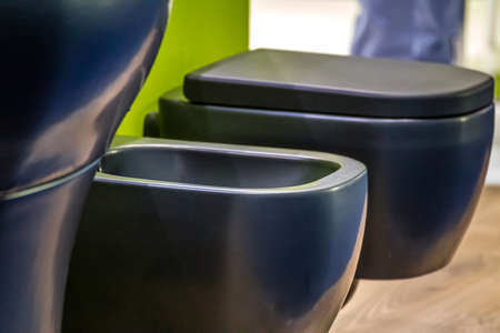 suspended blue toilet bowl and bidet on green wallのeditorial素材