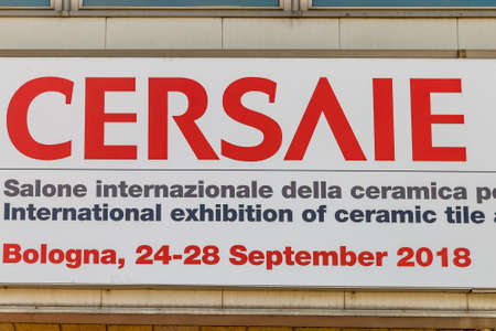 BOLOGNA (ITALY), SEPTEMBER 28, 2018: light is enlightening logo of CERSAIE, international exhibition of ceramic tile and bathroom furnishingsのeditorial素材