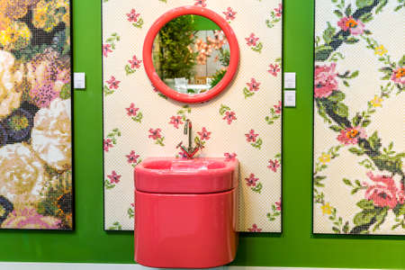 BOLOGNA (ITALY), SEPTEMBER 28, 2018: light is enlightening artistic wallpaper at CERSAIE, international exhibition of ceramic tile and bathroom furnishingsのeditorial素材