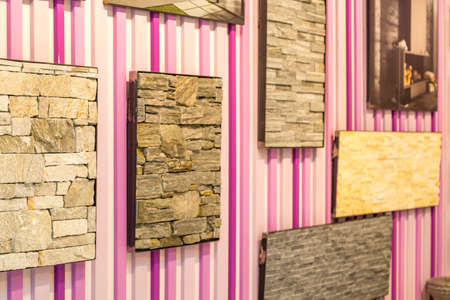 BOLOGNA (ITALY), SEPTEMBER 28, 2018: light is enlightening rocky wallpapers at CERSAIE, international exhibition of ceramic tile and bathroom furnishingsのeditorial素材