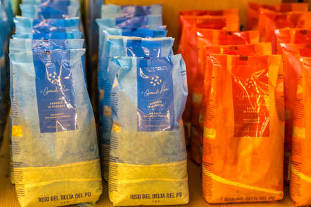 BOLOGNA, ITALY - OCTOBER 2, 2018: lights are enlightening IGP pure rices from GRANDIRISO at FICO EATALY WORLD, the largest agri-food park in the worldのeditorial素材