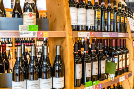 BOLOGNA, ITALY - OCTOBER 2, 2018: lights are enlightening bottles of wine at FICO EATALY WORLD, the largest agri-food park in the worldのeditorial素材