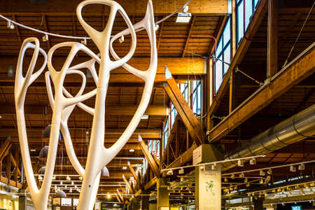 BOLOGNA, ITALY - OCTOBER 2, 2018: lights are enlightening wooden beams of roofs FICO EATALY WORLD, the largest agri-food park in the worldのeditorial素材
