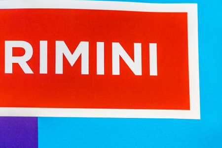 BOLOGNA, ITALY - OCTOBER 2, 2018: lights are enlightening Rimini signboard at FICO EATALY WORLD, the largest agri-food park in the worldのeditorial素材