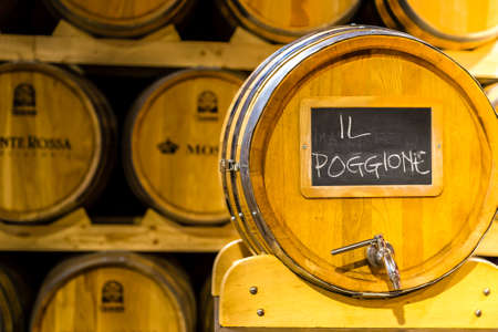 BOLOGNA, ITALY - OCTOBER 2, 2018: lights are enlightening Wine Barrels at FICO EATALY WORLD, the...