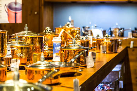 BOLOGNA, ITALY - OCTOBER 2, 2018: lights are enlightening Ruffoni Copper cookware at FICO EATALY WORLD, the largest agri-food park in the worldのeditorial素材