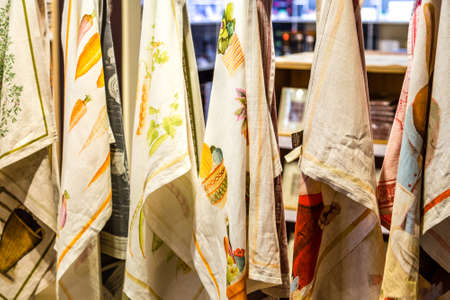 BOLOGNA, ITALY - OCTOBER 2, 2018: lights are enlightening tablecloths and sheets of raw cotton printed by hand at FICO EATALY WORLD, the largest agri-food park in the worldのeditorial素材