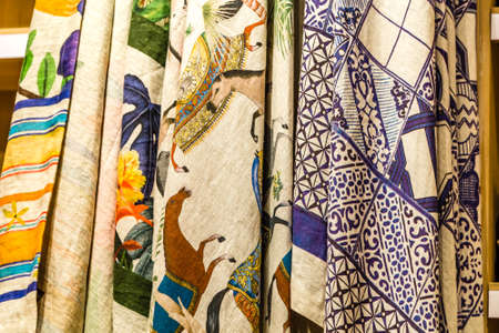 BOLOGNA, ITALY - OCTOBER 2, 2018: lights are enlightening tablecloths and sheets of raw cotton printed by hand at FICO EATALY WORLD, the largest agri-food park in the worldのeditorial素材