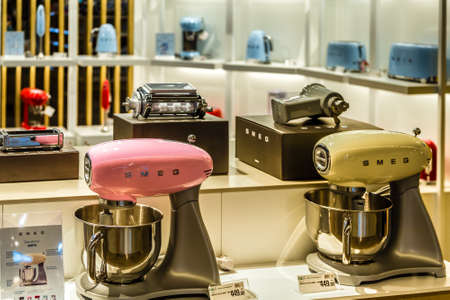 BOLOGNA, ITALY - OCTOBER 2, 2018: lights are enlightening SMEG appliances at FICO EATALY WORLD, the largest agri-food park in the worldのeditorial素材