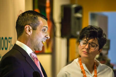 San Polo di Torrile, Italy - October 12, 2018: Luis Arosemena, President and CEO at GSK Italy, speaks at the inauguration of the plant to produce Fostemsavir, innovative anti-HIV drugのeditorial素材