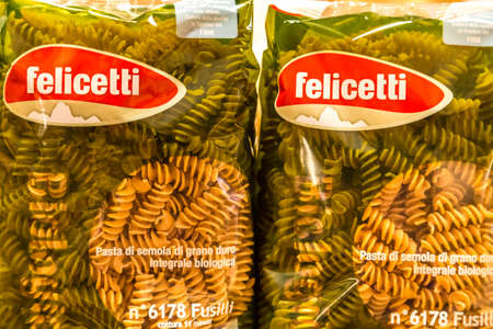 BOLOGNA, ITALY - OCTOBER 2, 2018: lights are enlightening Felicetti wholemeal pasta at FICO EATALY WORLD, the largest agri-food park in the worldのeditorial素材