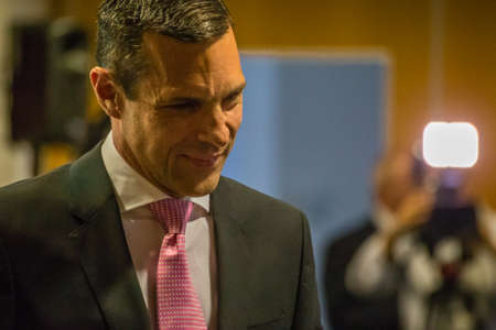 San Polo di Torrile, Italy - October 12, 2018: Luis Arosemena, President and CEO at GSK Italy, speaks at the inauguration of the plant to produce Fostemsavir, innovative anti-HIV drugのeditorial素材