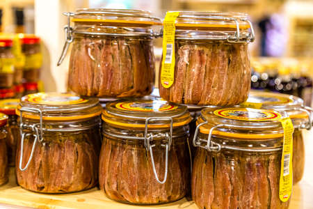 BOLOGNA, ITALY - OCTOBER 2, 2018: lights are enlightening Anchovies for sale at FICO EATALY WORLD, the largest agri-food park in the worldのeditorial素材