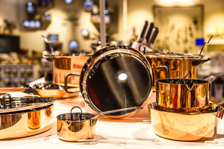 BOLOGNA, ITALY - OCTOBER 2, 2018: lights are enlightening cookware for sale at FICO EATALY WORLD, the largest agri-food park in the worldのeditorial素材