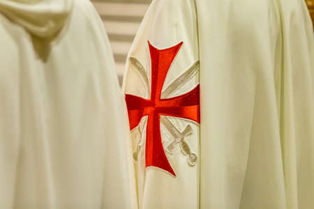 FORLI, ITALY - OCTOBER 26, 2018: Catholic Templar Knights participate in the ritual of Holy Mass with exposition of relics of Saint Mercuriale during Feast of the Patron Saintのeditorial素材