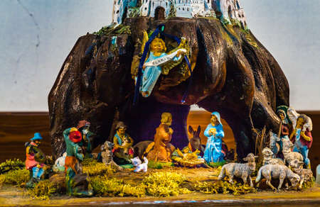 IMOLA (BO),ITALY - DECEMBER 27, 2017: lights are enlightening artistic crib in the 7th edition of the Nativity Scenes Exhibition in the Convent of the Observanceのeditorial素材
