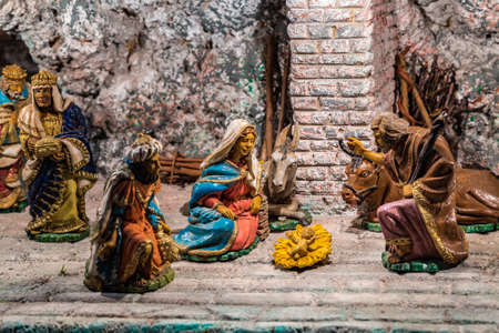 Baby Jesus, Saint Joseph and the Blessed Virgin Mary in Nativity Sceneのeditorial素材