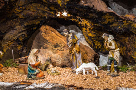 Baby Jesus, Saint Joseph and the Blessed Virgin Mary in Nativity Sceneのeditorial素材