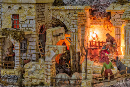 Baby Jesus, Saint Joseph and the Blessed Virgin Mary in Nativity Sceneの写真素材