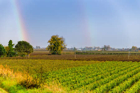 double Rainbow on the Italian countrysideの写真素材