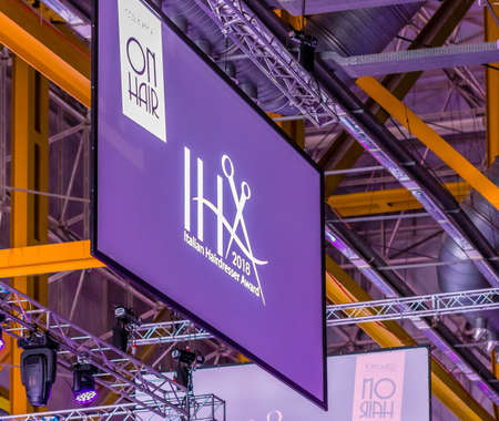 BOLOGNA, ITALY - NOVEMBER 25, 2018: Displays are showing Italian Hairdresser Award logo.のeditorial素材