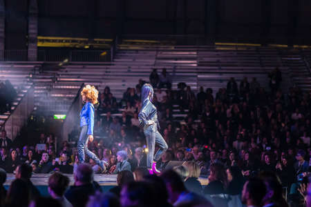 BOLOGNA, ITALY - NOVEMBER 25, 2018: Models and hairstylists of ALFAPARF performs hairstyle show on catwalk in theatre.のeditorial素材