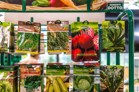 BOLOGNA, ITALY - OCTOBER 2, 2018: lights are Bags of vegetable seeds enlightening at FICO EATALY WORLD, the largest agri-food park in the worldのeditorial素材