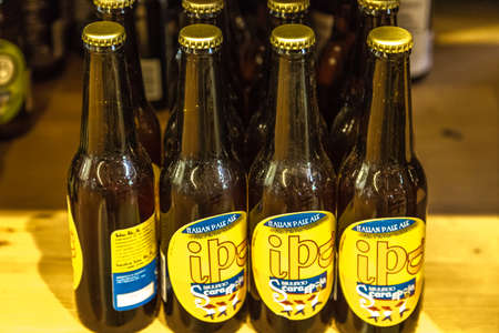 BOLOGNA, ITALY - OCTOBER 2, 2018: lights are enlightening bottles of artisanal beers at FICO EATALY WORLD, the largest agri-food park in the worldのeditorial素材