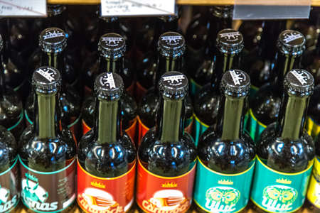 BOLOGNA, ITALY - OCTOBER 2, 2018: lights are enlightening bottles of artisanal beers at FICO EATALY WORLD, the largest agri-food park in the worldのeditorial素材