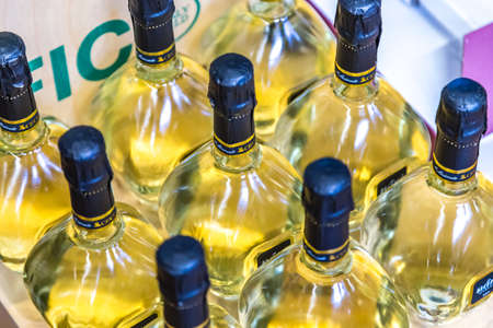 BOLOGNA, ITALY - OCTOBER 2, 2018: lights are enlightening bottles of wine at FICO EATALY WORLD, the largest agri-food park in the worldのeditorial素材