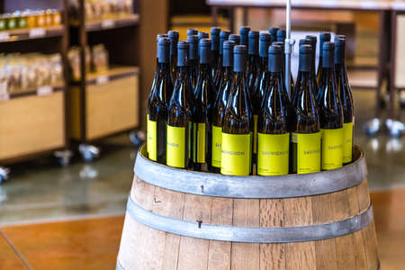 BOLOGNA, ITALY - OCTOBER 2, 2018: lights are enlightening bottles of wine at FICO EATALY WORLD, the largest agri-food park in the worldのeditorial素材