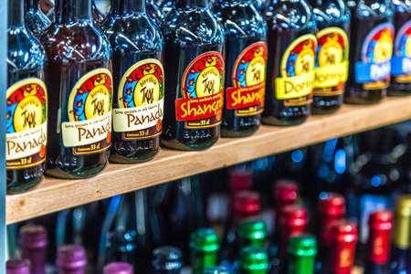 BOLOGNA, ITALY - OCTOBER 2, 2018: lights are enlightening bottles of artisanal beers at FICO EATALY WORLD, the largest agri-food park in the worldのeditorial素材