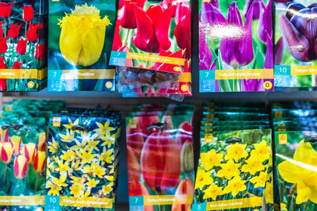 BOLOGNA, ITALY - OCTOBER 2, 2018: lights are enlightening bags of flowers seeds at FICO EATALY WORLD, the largest agri-food park in the worldのeditorial素材