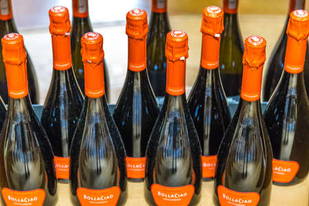 BOLOGNA, ITALY - OCTOBER 2, 2018: lights are enlightening bottles of wine at FICO EATALY WORLD, the largest agri-food park in the worldのeditorial素材