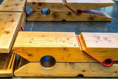 Giant wood Clothespins as benchesの写真素材