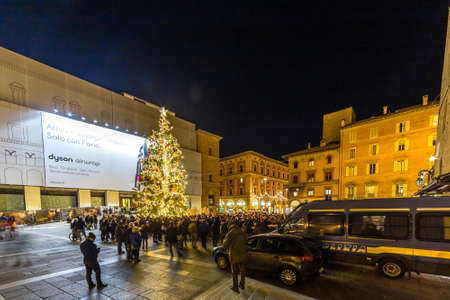 BOLOGNA, ITALY - DECEMBER 10, 2018: people celebrating the 70th anniversary of the Universal...
