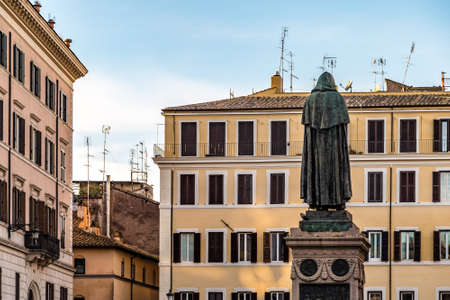 ROME, ITALY - JANUARY 1, 2019: the statue of Giordano Bruno overlooks the square of Campo De Fiori...
