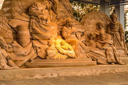 VATICAN - JANUARY 2, 2019: sunlight is enlightening Christmas sand Nativity Scene in Saint Peter Square in Vatican Cityのeditorial素材