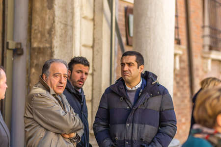 RAVENNA, ITALY - JANUARY 15, 2019: the Prefect Enrico Caterino, the Mayor of Cervia, Luca Coffari and the Mayor of Ravenna, Michele De Pascale waiting for the arrival of the Head of the Italian Civil Protection Department, Angelo Borrelli.のeditorial素材