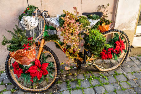 ROME, ITALY - JANUARY 3, 2019: light is enlightening Christmas decorations on bicycleのeditorial素材