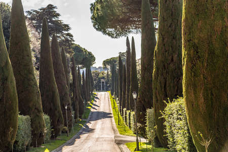 CASTEL GANDOLFO (ROME), ITALY - JANUARY 3, 2019: sun light is enlightening gardens of Villa Barberini in Castel Gandolfoのeditorial素材