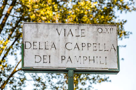 ROME, ITALY - JANUARY 2, 2019: light is enlightening  street name sign of VIALE DELLA CAPPELLA DEI PAMPHILI in Romeのeditorial素材