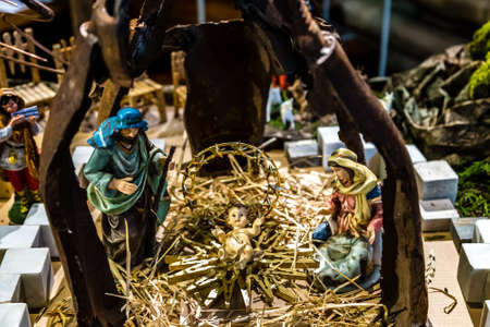 ROME, ITALY - JANUARY 4, 2019: light is enlightening Christmas Nativity scene in basilica of Saint Alexis and Saint Boniface in Aventine Districtのeditorial素材