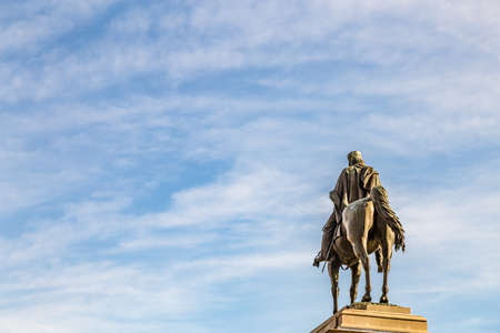 ROME, ITALY - JANUARY 5, 2019: light is enlightening statue of Giuseppe Garibaldi riding horse