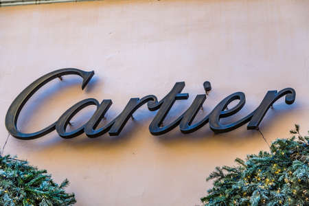 ROME, ITALY - JANUARY 3, 2019: lights are enlightening  CARTIER logo on storefrontのeditorial素材